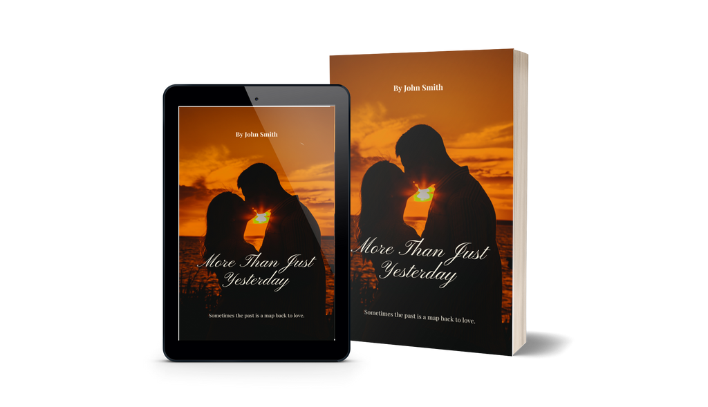 Book and tablet displaying 'More Than Just Yesterday' with a sunset silhouette cover.